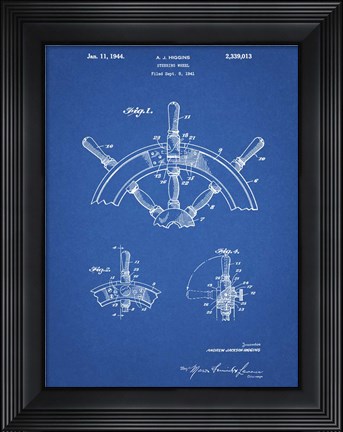 Framed Blueprint Ship Steering Wheel Patent Print