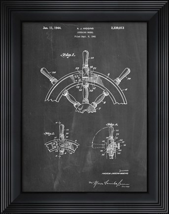 Framed Chalkboard Ship Steering Wheel Patent Print