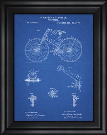 Framed Blueprint Bicycle 1890 Patent Print
