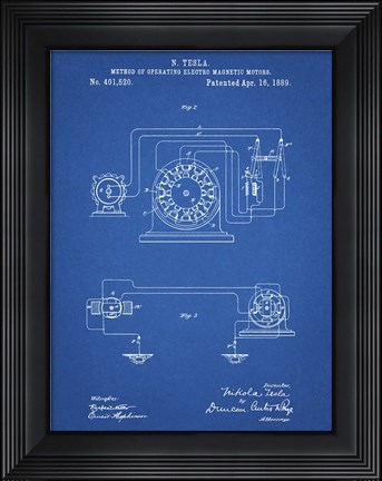 Framed Blueprint Tesla Operating Electric Motors Map Patent Print
