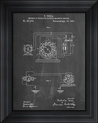 Framed Chalkboard Tesla Operating Electric Motors Map Patent Print