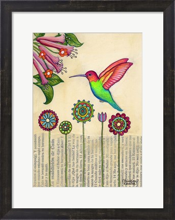 Framed Stick Flower Hummingbird Print
