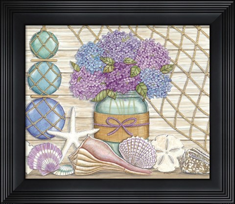 Framed Hydrangea &amp; Seashells Print