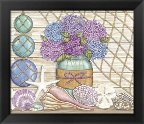 Framed Hydrangea &amp; Seashells Print