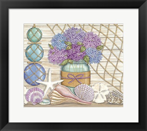 Framed Hydrangea &amp; Seashells Print