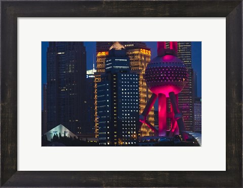 Framed Pudong Skyline dominated by Oriental Pearl TV Tower, Shanghai, China Print