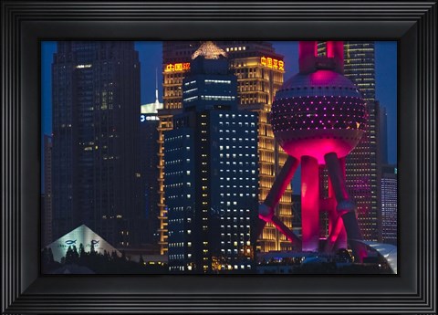 Framed Pudong Skyline dominated by Oriental Pearl TV Tower, Shanghai, China Print