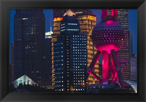 Framed Pudong Skyline dominated by Oriental Pearl TV Tower, Shanghai, China Print