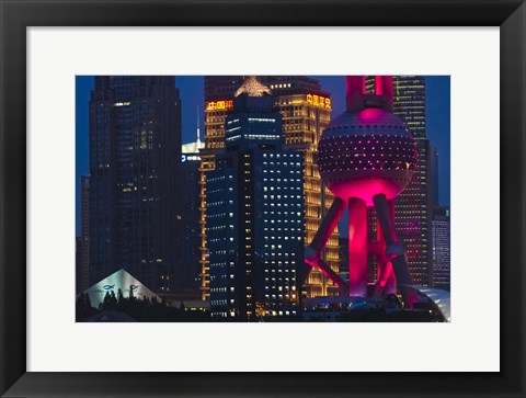 Framed Pudong Skyline dominated by Oriental Pearl TV Tower, Shanghai, China Print