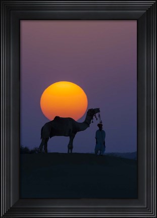 Framed Camel and Person at Sunset, Thar Desert, Rajasthan, India Print