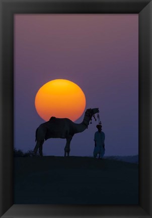 Framed Camel and Person at Sunset, Thar Desert, Rajasthan, India Print