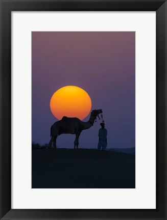 Framed Camel and Person at Sunset, Thar Desert, Rajasthan, India Print