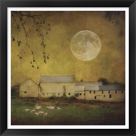 Framed Sheep Under a Harvest Moon Print