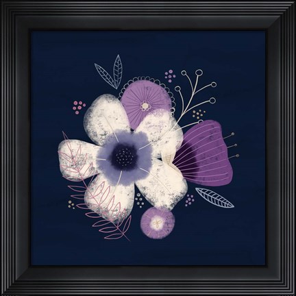 Framed Cream Florals on Navy I Print