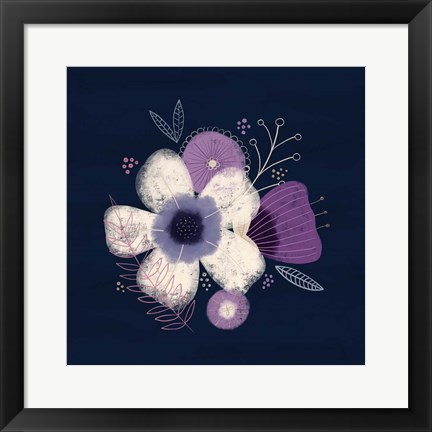 Framed Cream Florals on Navy I Print