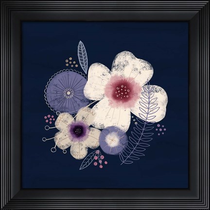 Framed Cream Florals on Navy II Print