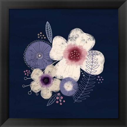 Framed Cream Florals on Navy II Print