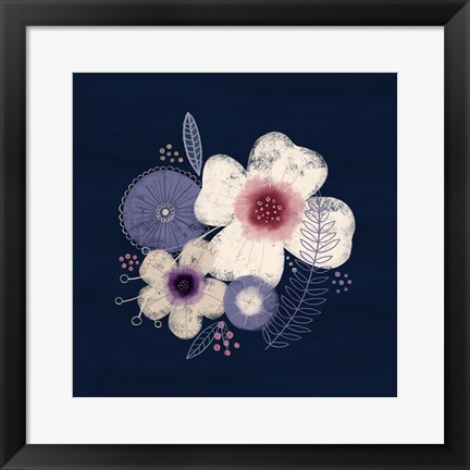 Framed Cream Florals on Navy II Print