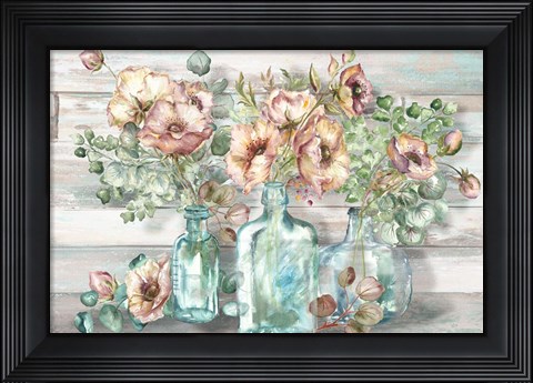 Framed Blush Poppies and Eucalyptus in bottles landscape Print