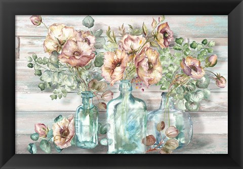 Framed Blush Poppies and Eucalyptus in bottles landscape Print