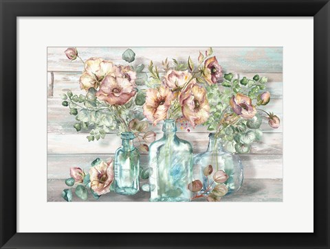 Framed Blush Poppies and Eucalyptus in bottles landscape Print