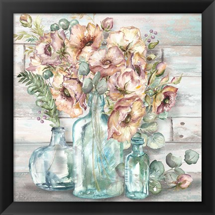 Framed Blush Poppies and Eucalyptus Still Life Print