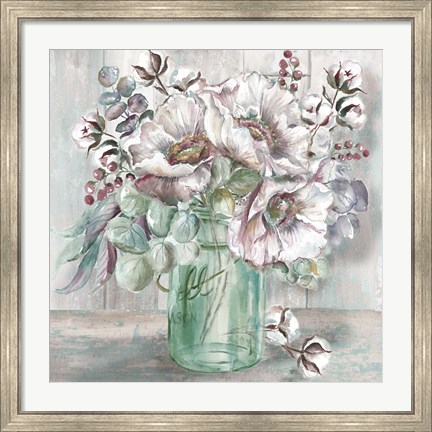 Framed Blush Poppies and Eucalyptus in Mason Jar Print