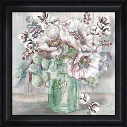 Framed Blush Poppies and Eucalyptus in Mason Jar Print