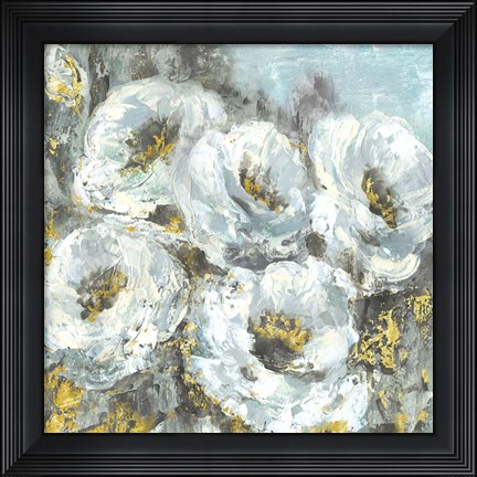 Framed White Flowers with Gold Print