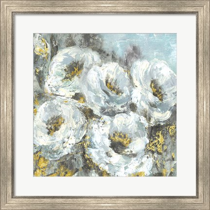 Framed White Flowers with Gold Print