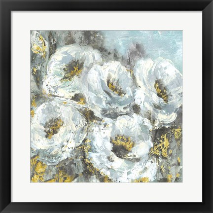 Framed White Flowers with Gold Print