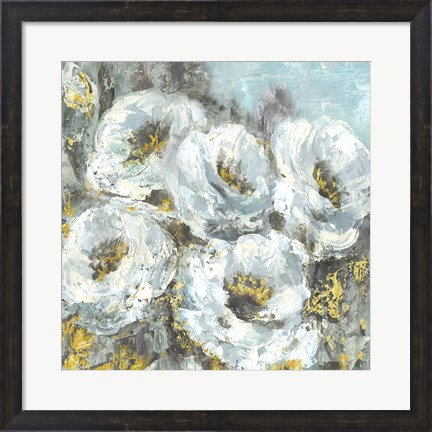 Framed White Flowers with Gold Print
