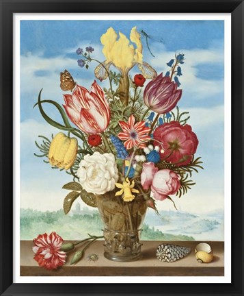 Framed Ambrosius Bosschaert, Bouquet of Flowers on a Ledge Print