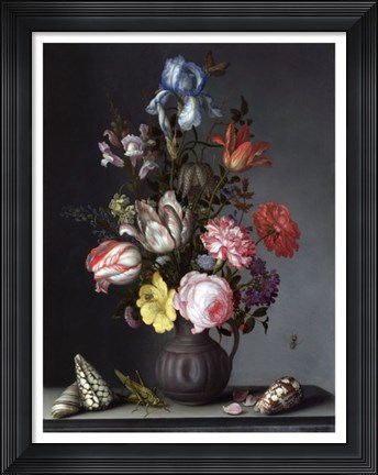 Framed Balthasar van der Ast, Flowers in a Vase with Shells and Insects Print