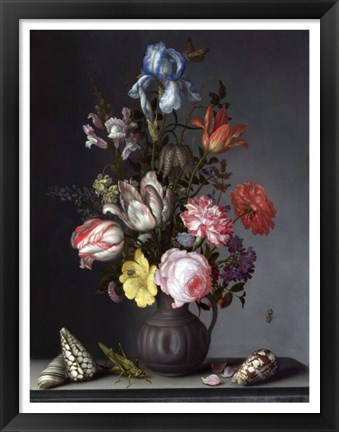 Framed Balthasar van der Ast, Flowers in a Vase with Shells and Insects Print