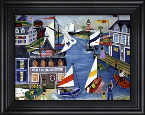 Framed Folk Art Sailing School Cheryl Bartley Print