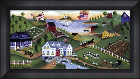 Framed American Folk Art Seadise With Angel Print