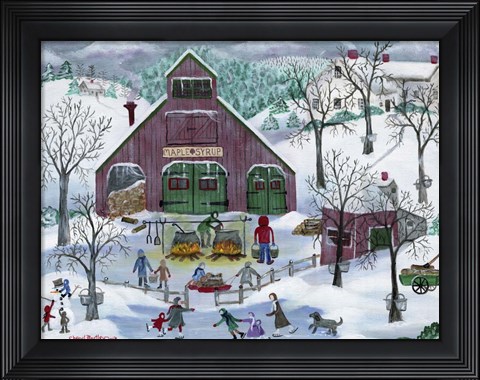 Framed Snowy Maple Syrup Makers and Ice Skaters Print