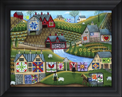 Framed Country Harvest Folk Art Quilt Farms Print