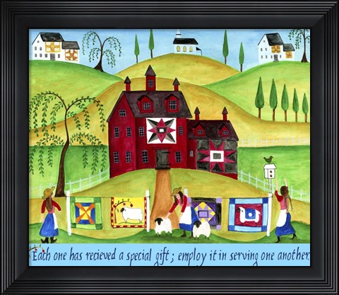 Framed Red Barn Quilt House Print