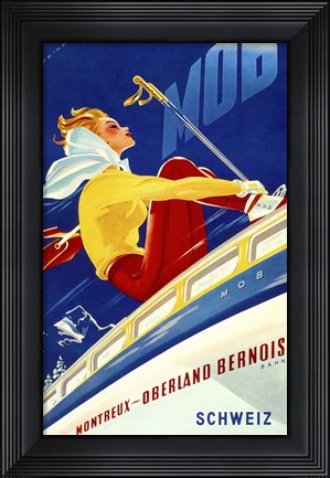 Framed 1940s Swiss Rail Ski Travel poster Print