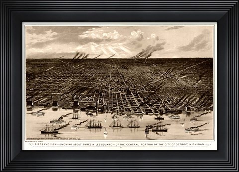 Framed Birds Eye View Of Detroit Michigan 1889 Print