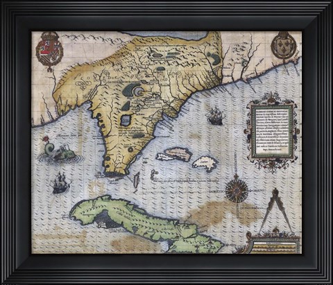Framed French Map Of Florida - Floridae Americae Provinciae 1564 Print