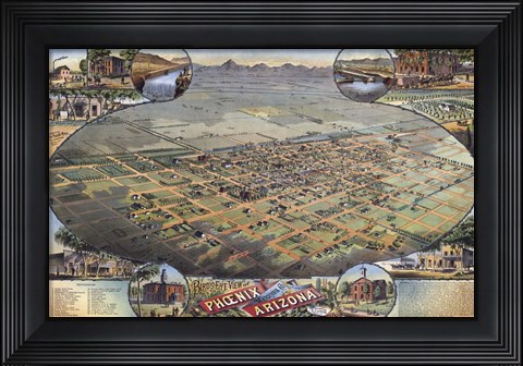 Framed Illustrated Map Of Phoenix With Legend 1885 Print