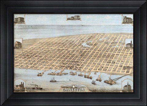 Framed Map Of Galveston Texas 1871 Print