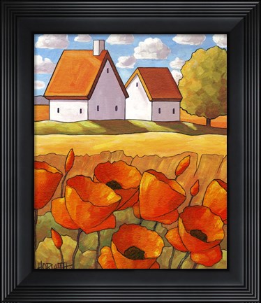 Framed Red Flower Fields Landscape Print