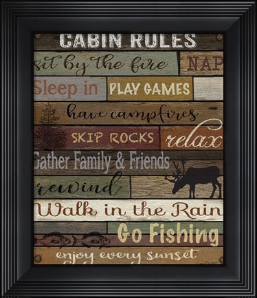 Framed Cabin Rules On Wood Print