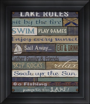 Framed Lake Rules On Wood Print