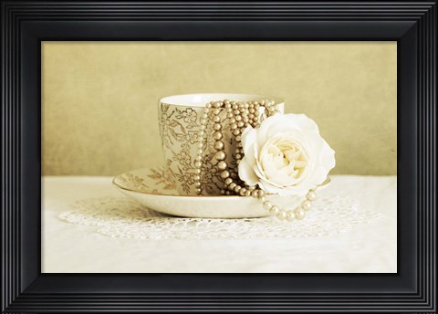 Framed Antique Cup and Saucer with White Flower and Pearls Print