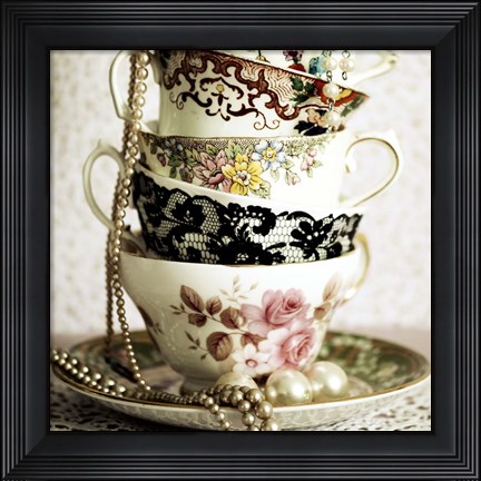 Framed Antique Cups and Saucers with Pearls 1 Print